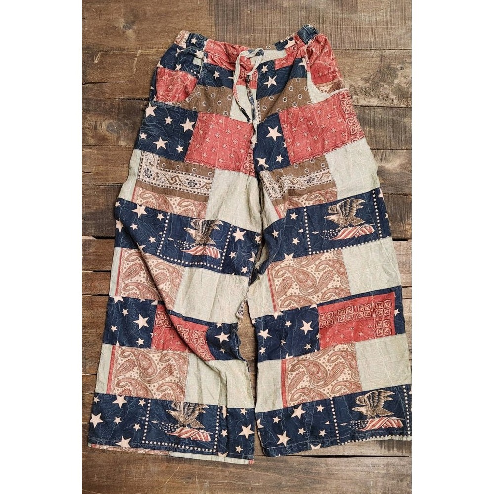 Jadea Gypsy Stars and Stripes Forever Eagle Patchwork Wide Leg Pants S/M